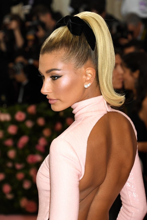 Hailey Bieber accessorises with a ribbon to the Met Gala (Jennifer Graylock/PA)