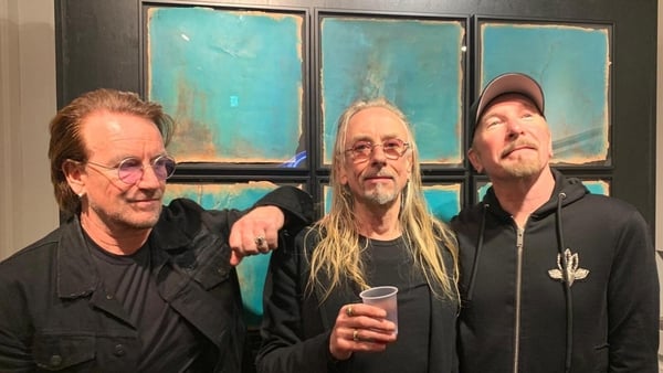 Bono, Guggi and The Edge at a recent showing of Guggi's work in Toyko