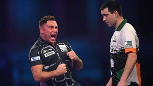 Gerwyn Price celebrates against Limerick's Willie O'Connor