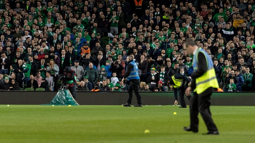 Supporters protest at the Republic of Ireland v Georgia UEFA European Qualification match in March 2019 at the Aviva Stadium in Dublin by throwing tennis balls on the pitch. Photo: Ben Ryan/SOPA Images