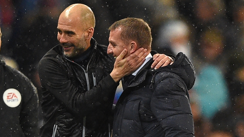 Pep Guardiola and Brendan Rodgers after Man City's 3-1 win over Leicester City