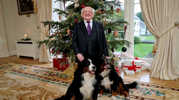 President Higgins with his dogs Bród and Síoda as he delivers his Christmas and New Year's Day message in Áras an Uachtaráin