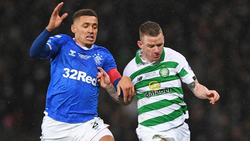 Rangers' James Tavernier (L) battles with Jonny Hayes during the Betfred Cup Final