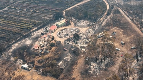 Aerial view of a property damaged by the East Gippsland fires in Sarsfield, Victoria