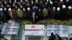 Iranian Supreme Leader Ayatollah Ali Khamenei and Iranian President Hassan Rouhani attend the funeral ceremony of Qasem Soleimani. Photo: Iranian Leader Press Office/Handout