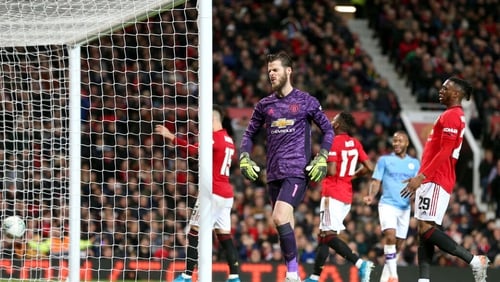 David De Gea and Aaron Wan-Bissaka react to Manchester City's third goal at Old Trafford