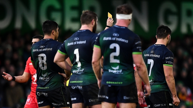Colby Fainga'a of Connacht, right, is shown a yellow card
