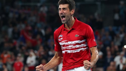 Novak Djokovic of Serbia celebrates after defeating Spain in the ATP Cup Final