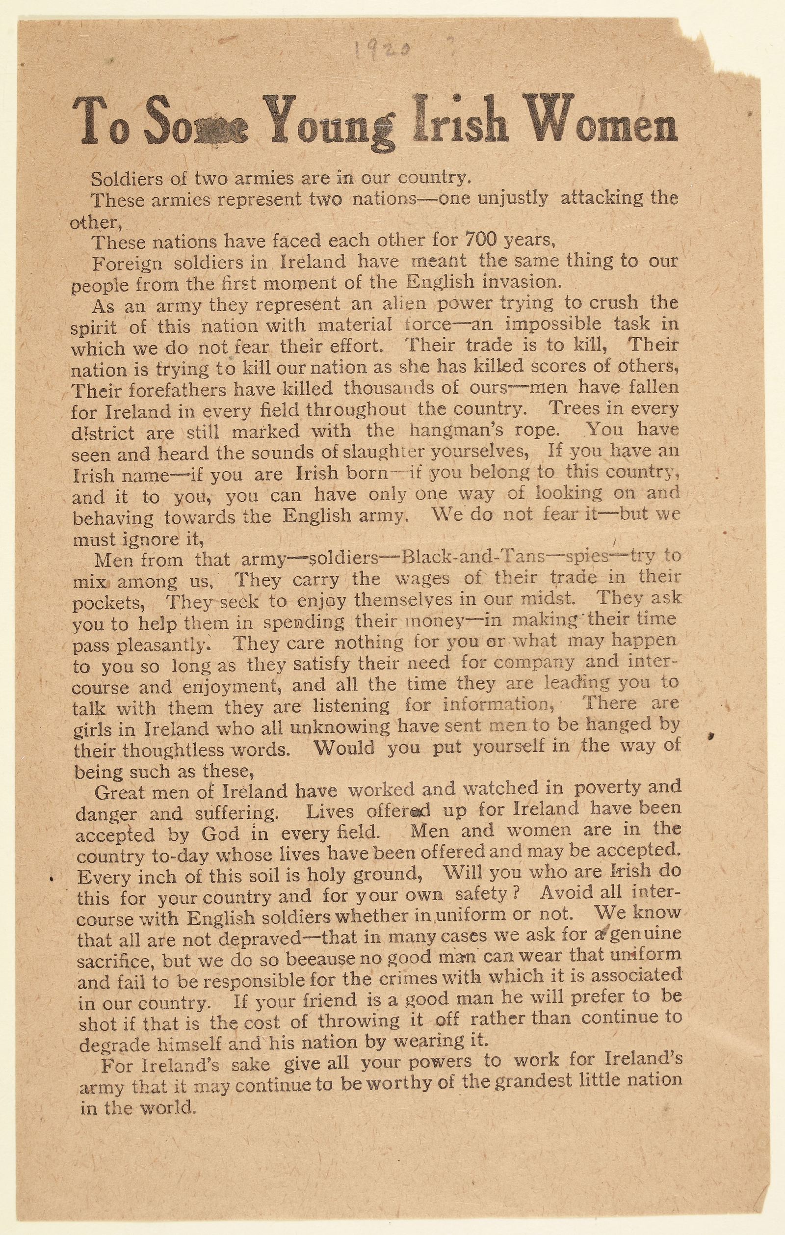 Image - Cumann na mBan 1920 leaflet urging young women not to consort with British forces (National Library)