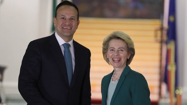 Ursula von der Leyen and Leo Varadkar outside Government Buildings this evening