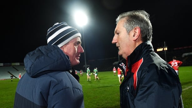 Limerick manager John Kiely, left, with Cork manager Kieran Kingston after the Co-Op Superstores Munster Hurling League Final