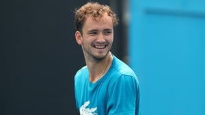 Daniil Medvedev of Russia smiles during a practice session ahead of the 2020 Australian Open