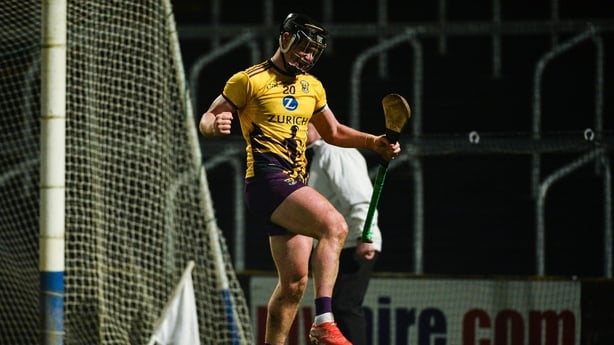 Conor McDonald of Wexford celebrates after scoring a late goal during the Walsh Cup Final