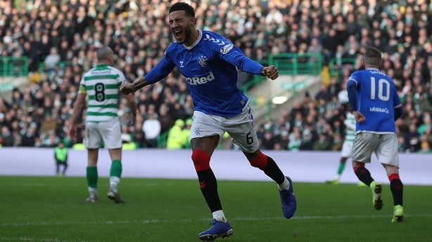 Connor Goldson of Rangers celebrates after Nikola Katic scores Rangers' winning goal in the Old Firm derby