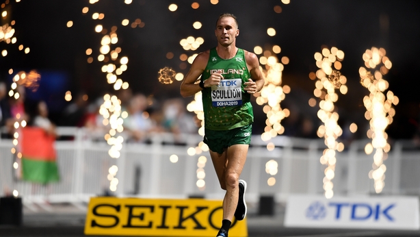 Stephen Scullion crosses the finish line after competing in the Men's Marathon at the 2019 IAAF World Athletics Championships