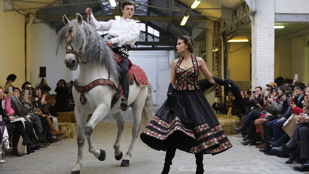 Models wear creations for the Franck Sorbier Haute Couture Spring/Summer 2020 fashion collection (Christophe Ena/AP)