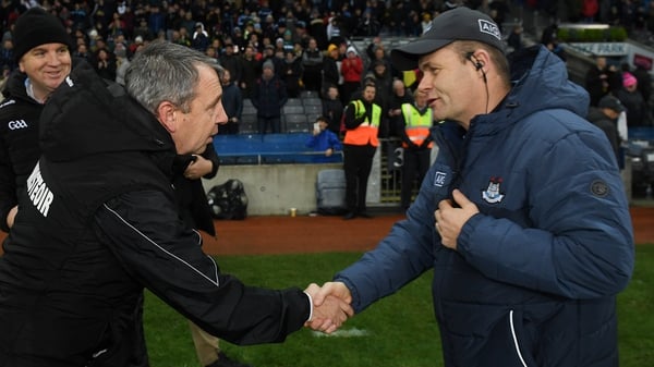 Kerry manager Peter Keane (L) shakes hands with Dessie Farrell after Saturday night's draw