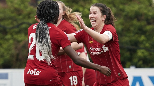 Niamh Fahey (R) celebrates scoring Liverpool's second goal