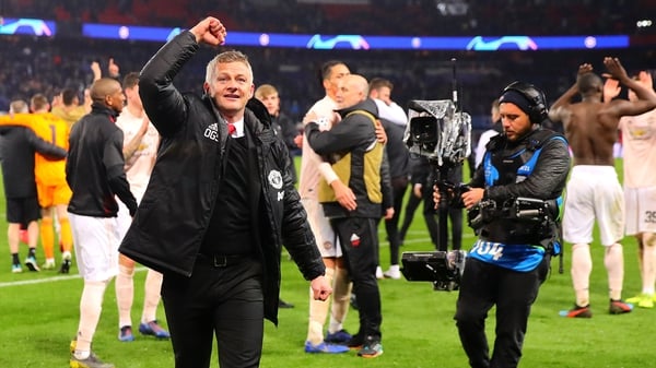 Ole Gunnar Solksjaer salutes the travelling fans after last March's incredible win against PSG