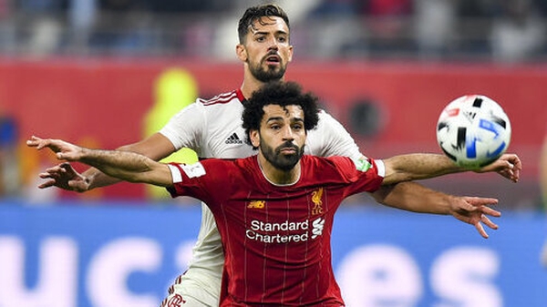 Mohamed Salah vies with Pablo Mari during the 2019 Club World Cup final