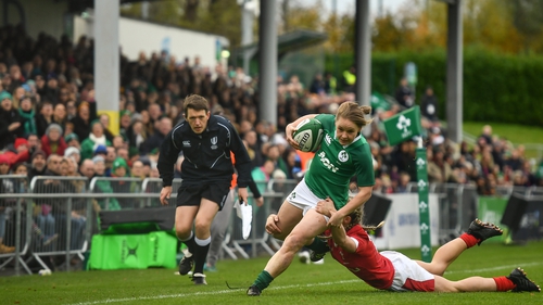 Kathryn Dane is tackled by Paige Randall during the Ireland vs Wales match in Dublin in November 2019
