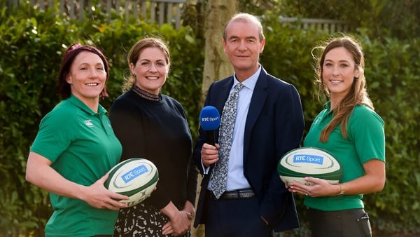 Presenters Daire O'Brien and Fiona Coghlan with Ireland players Lindsay Peat, left, and Eimear Considine in attendance during the launch of RTÉ's Six Nations coverage