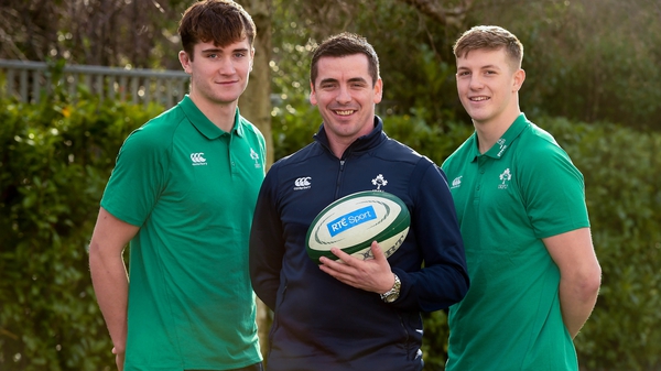 Ireland U-20 head coach Noel McNamara and players Brian Deeny, left, and Mark Hernan in attendance during the launch of RTÉ's Six Nations Coverage at the RTÉ Television Centre