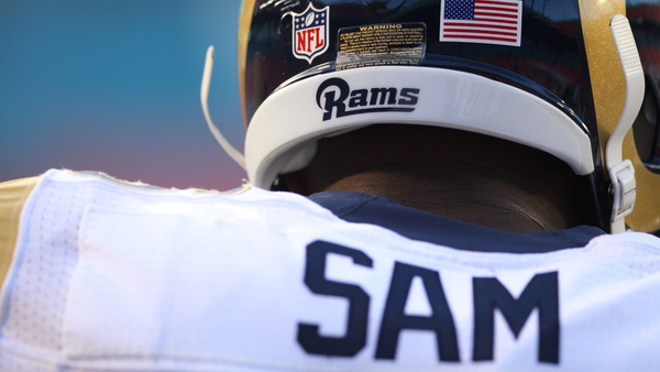 Lineman Michael Sam #96 of the St. Louis Rams prepares to play against the Miami Dolphins during a preseason game in 2014