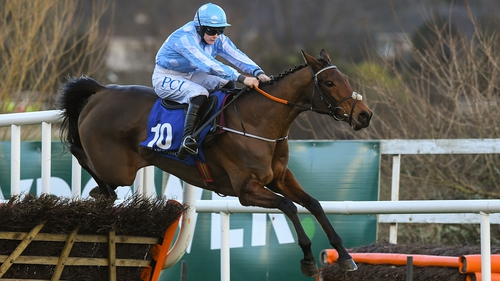 Honeysuckle, with Rachael Blackmore up, jumps the last on their way to winning the PCI Irish Champion Hurdle