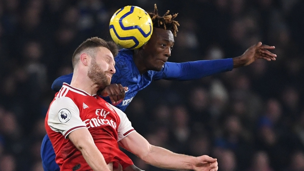 Shkodran Mustafi of Arsenal rises for a header with Chelsea's Tammy Abraham in a recent Premier League game