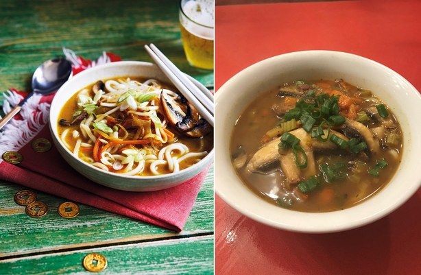 Left, Wan's udon noodle curry soup, right, Prudence's version (Quadrille/Sam Folan/Prudence Wade/PA)