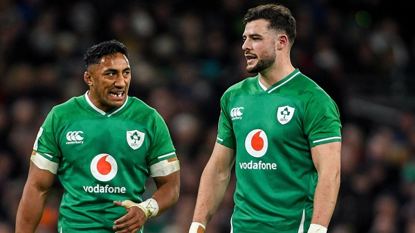 Bundee Aki and Robbie Henshaw (r) in action against Scotland