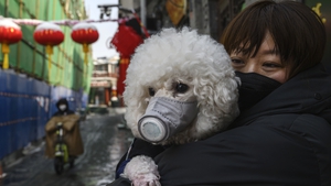A woman holds her dog, both of them wearing protective masks, in Beijing, China
