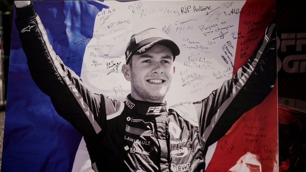 Portrait of BWT Arden's French driver Anthoine Hubert covered with condolence messages at the entrance of the Spa-Francorchamps circuit