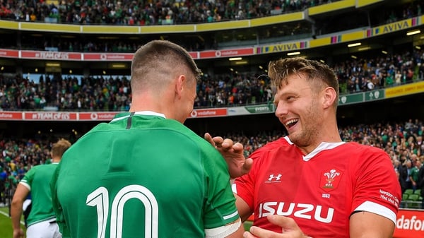 Dan Biggar of Wales, right, with Jonathan Sexton share a laugh in 2019's pre-World Cup encounter