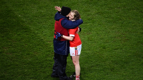 Róisín Phelan and Cork manager Ephie Fitzgerald celebrate at the final whistle