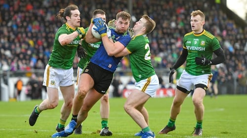Aidan O'Shea of Mayo gets caught in possession by a posse of Meath players in Navan.