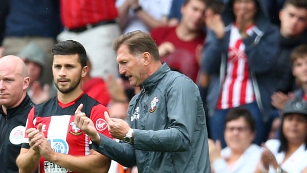 Shane Long and Ralph Hasenhuttl on the touchline at Southampton