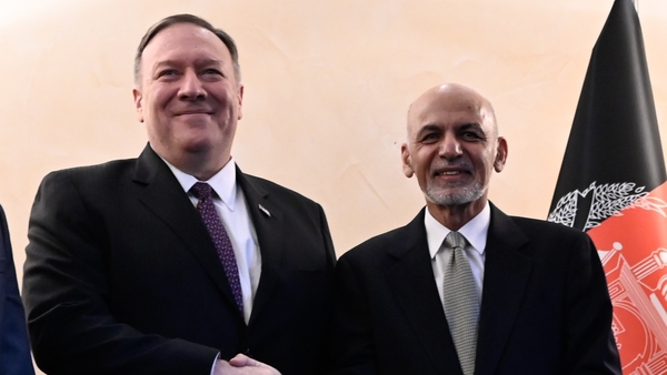 Afghan President Ashraf Ghani (R) with the US Secretary of State Mike Pompeo during the Munich Security conference
