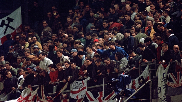 England supporters in the Upper West Stand of Lansdown Road where rioting broke out in 1995