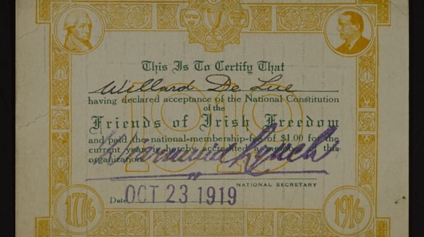 Membership card of Willard de Lue of the Friends of Irish Freedom, October 23rd 1919. Image courtesy of the National Library of Ireland