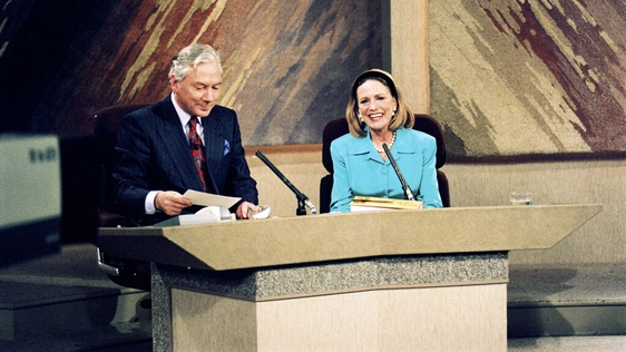 Journalist and novelist Shirley Conran with Gay Byrne on The Late Late Show (1990)
