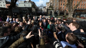 Sinn Féin leader Mary Lou McDonald TD surrounded by media and some of her 36 party TDs (Pic: RollingNews.ie)