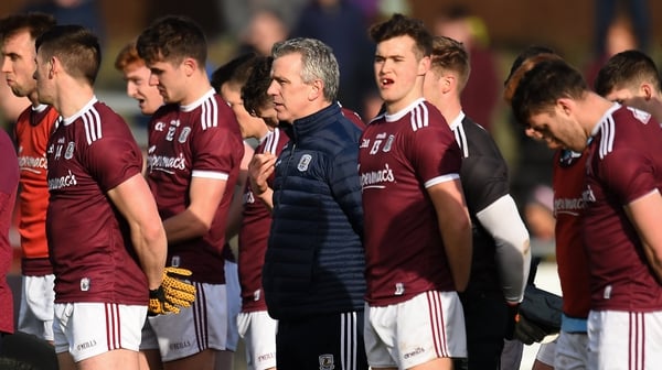 Galway manager Padraic Joyce, centre, with his players before the clash with Donegal