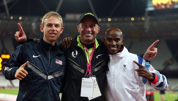 Farah (R) pictured after winning 10,000m Gold at the London 2012 Olympics with silver medalist Galen Rupp (L) of the US and disgraced coach Alberto Salazar.