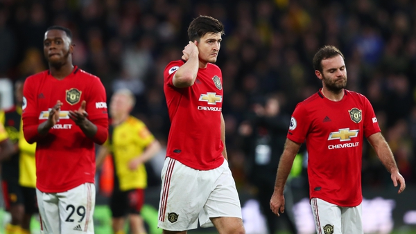 Aaron Wan-Bissaka, Harry Maguire and Juan Mata look dejected after losing at Vicarage Road back in December.