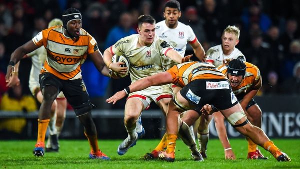 James Hume of Ulster is tackled by Jasper Wiese