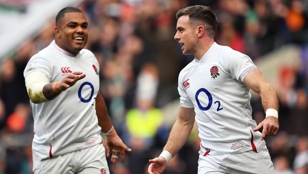 Kyle Sinckler goes to congratulate George Ford after the latter scored England's opening try