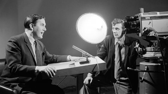 Frank Hall recording a link for Newsbeat 1969
