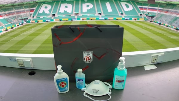 Disinfectants, hand soap and face masks in the press box at Rapid Wien